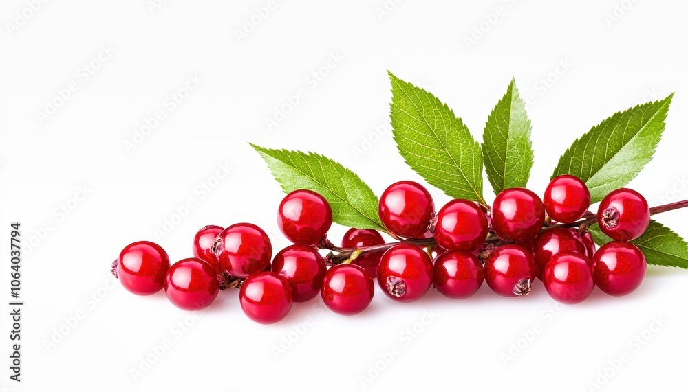 Ripe red cherries with green leaves on white background Ripe red cherries with green leaves on white background