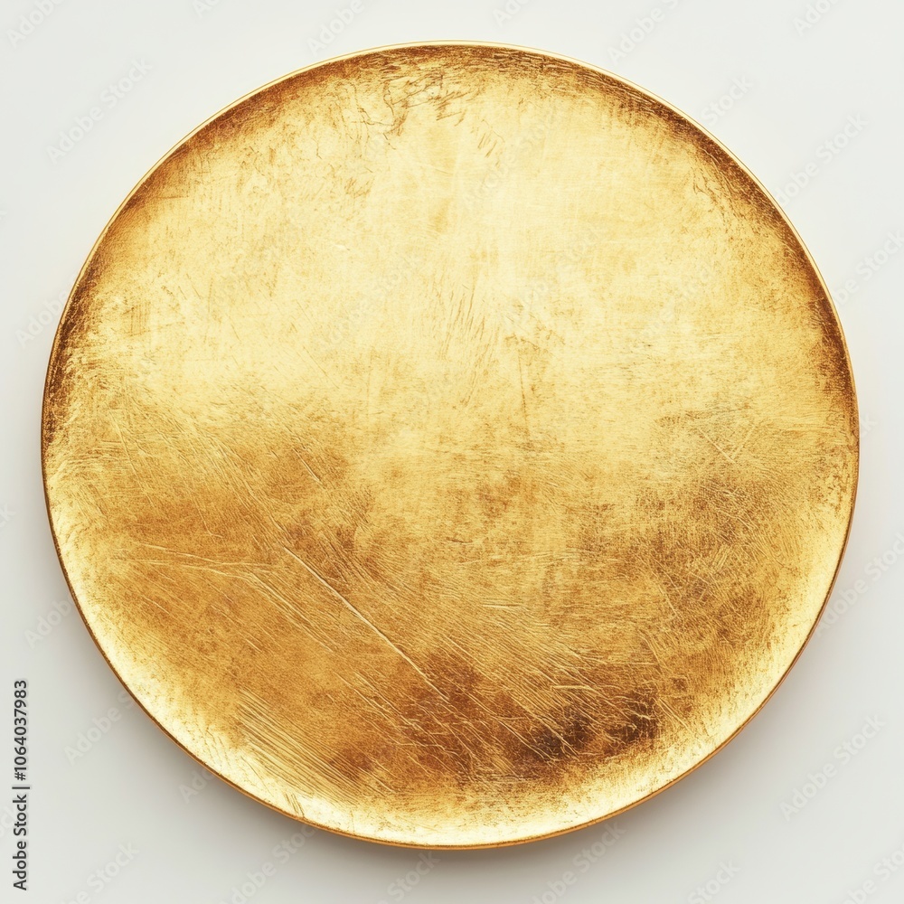 A polished gold disc, isolated on a textured white background, symbolizing modern design and elegance A polished gold disc, isolated on a textured white background, symbolizing modern design and elegance