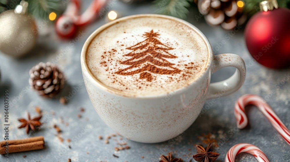Festive Cappuccino with Cinnamon Sprinkles in the Shape of a Christmas Tree, Perfect for Holiday Seasonal Promotions Generative AI Festive Cappuccino with Cinnamon Sprinkles in the Shape of a Christmas Tree, Perfect for Holiday Seasonal Promotions Generative AI
