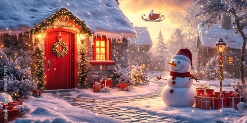 Snowman welcoming santa claus in a magical christmas village