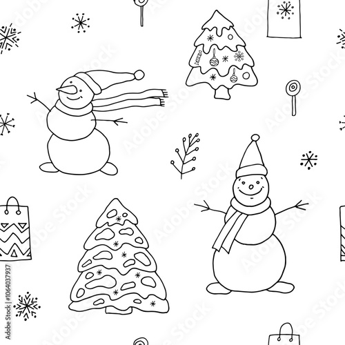 Seamless pattern New Year doodle drawing, for design, background, wrapping paper. Vector illustration.