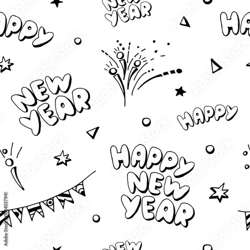 Seamless pattern New Year doodle drawing, for design, background, wrapping paper. Vector illustration.