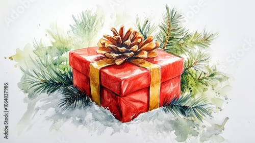 watercolor christmas gift on white background 