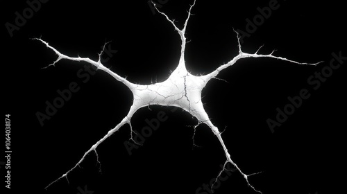 A single neuron cell with a white cell body and branching axons and dendrites on a black background.