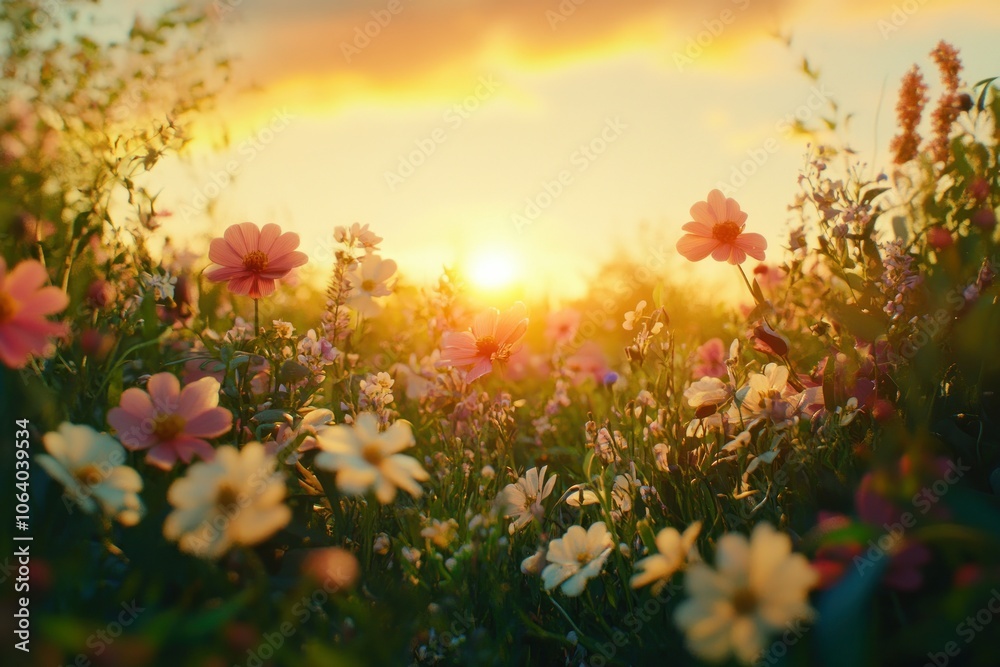Sunset Over Colorful Flower Meadow Sunset Over Colorful Flower Meadow