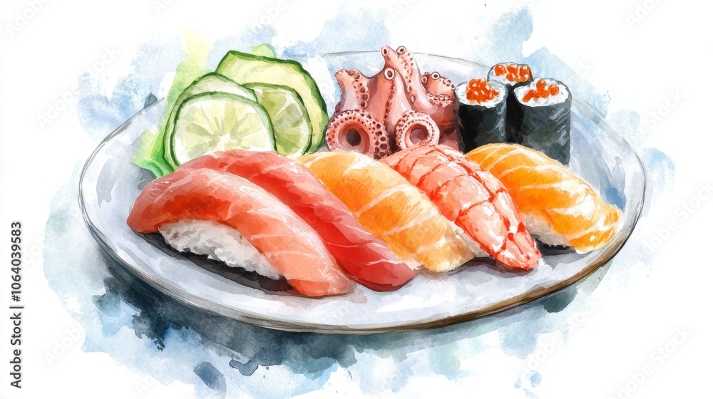 Fresh Sushi Sashimi Platter with Salmon, Tuna, and Octopus on a Watercolor Painted Plate, Japanese Food Art Generative AI Fresh Sushi Sashimi Platter with Salmon, Tuna, and Octopus on a Watercolor Painted Plate, Japanese Food Art Generative AI