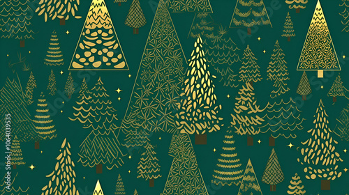 Fabulous Christmas continuous pattern of golden Christmas trees on a green background. Christmas background for packaging and wallpaper.