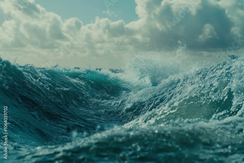 Waves Crashing in Turquoise Ocean Under Dramatic Sky