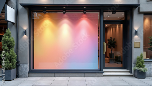 Modern storefront with a gradient display and warm lighting in an urban setting during the late afternoon