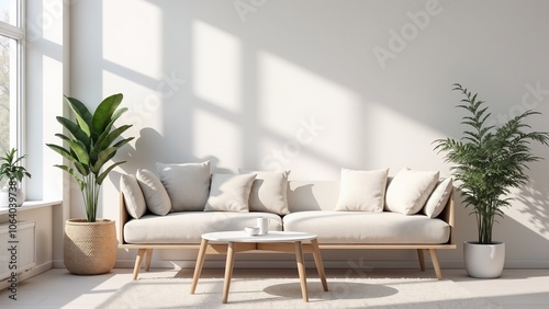 Bright and airy living room featuring a modern couch with cushions, houseplants, and a minimalist design during daylight hours