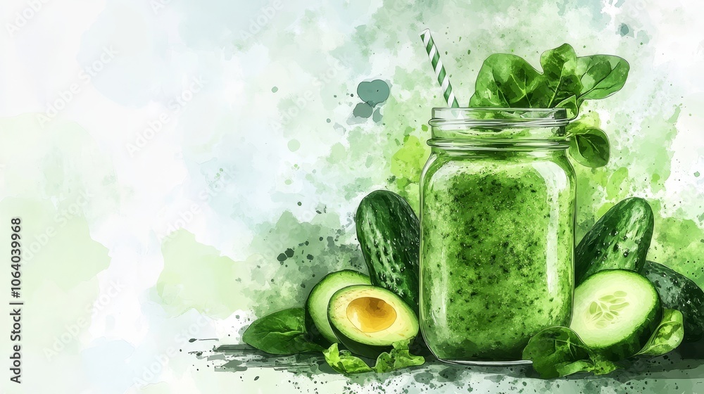 Fresh Green Smoothie with Avocado and Cucumber in a Mason Jar Generative AI Fresh Green Smoothie with Avocado and Cucumber in a Mason Jar Generative AI