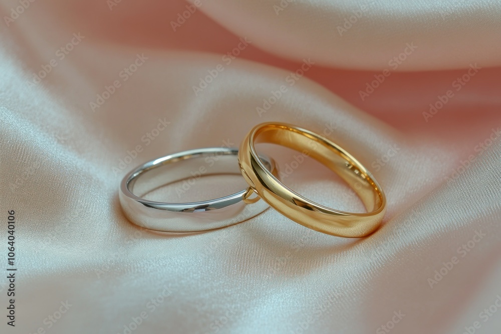 Elegant Silver and Gold Wedding Rings on Satin Fabric Elegant Silver and Gold Wedding Rings on Satin Fabric