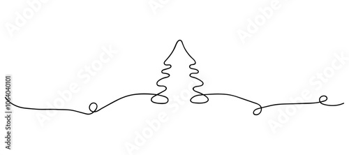 Continuous one line drawing of Christmas tree with star on top. Isolated on white background vector illustration