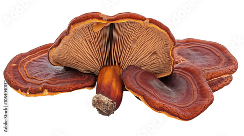 Close-up of brown mushroom with white stem. Isolated on gray background, vibrant orange, fresh fungal ingredient. Healthy, vital, edible, food, autumn, raw, ingredient, nature, organic, natural, photo