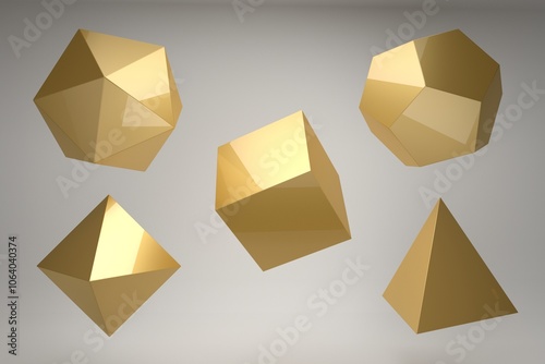 Set of Golden Platonic solids isolated on a gray background. Dodecahedron, icosahedron, tetrahedron, octahedron, hexahedron. Modern background with geometric shape of the Platonic solids.
