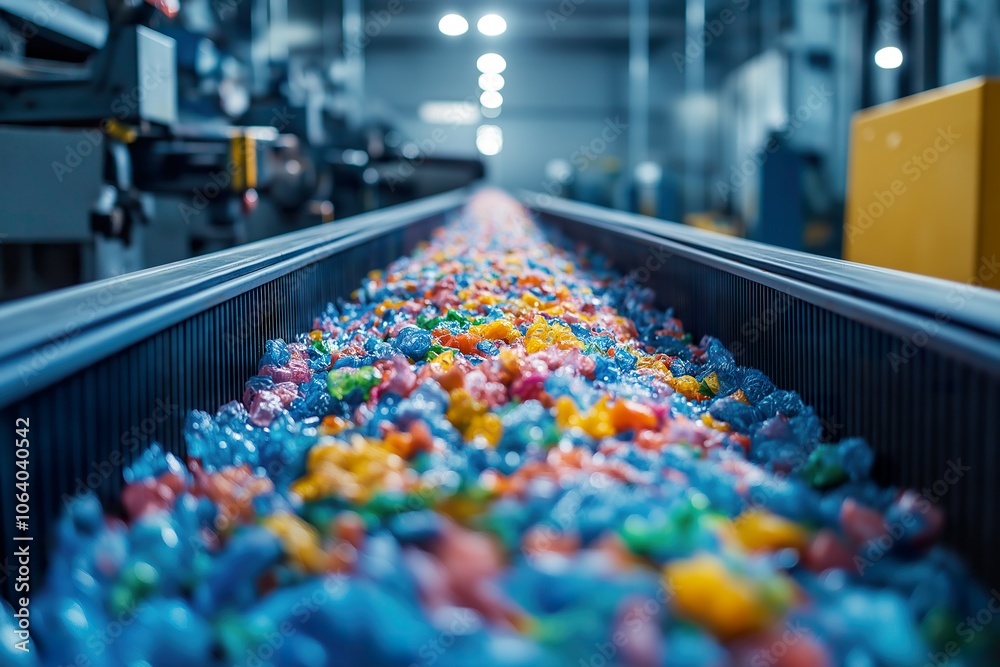 Obraz premium Conveyor belt moves colorful bottles for recycling