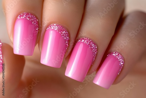 Elegant Pink Nail Design with Glitter Accent photo