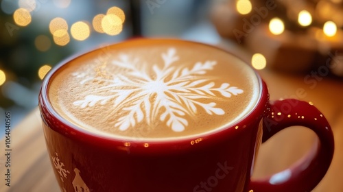 Festive Holiday Coffee with Snowflake Latte Art and Christmas Lights Generative AI photo