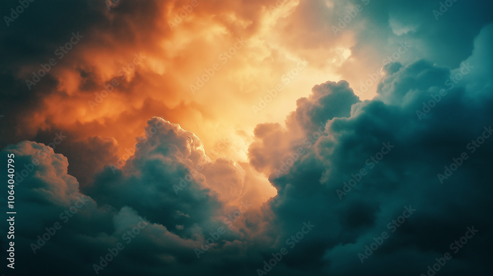 Obraz premium Dramatic Sky with Golden Sunset Glow. Dramatic storm clouds illuminated by warm, golden light. Perfect for depicting themes of nature, dramatic weather, or atmospheric landscapes. Generative AI.