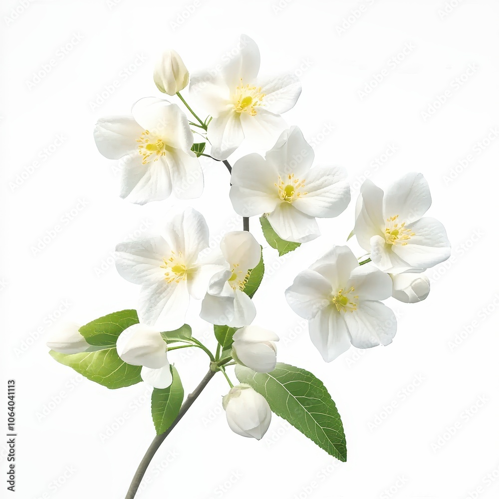 Blooming apple tree branch with delicate white flowers on white background Blooming apple tree branch with delicate white flowers on white background