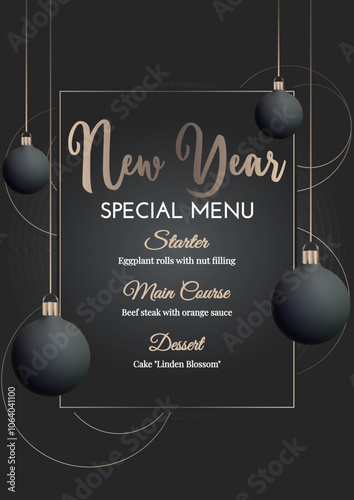 New Year menu on black background with New Year's balls. Gold circles. Winter vector illustration, New Year gentle poster, banner