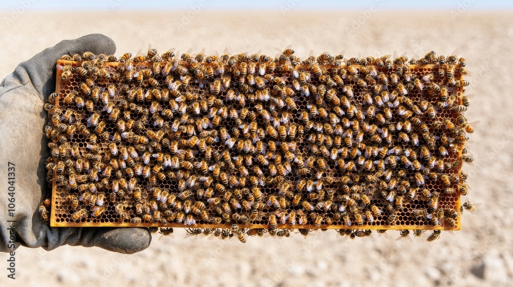 A beekeeper in a protective suit tending to a beehive frame filled with buzzing bees under a bright blue sky A beekeeper in a protective suit tending to a beehive frame filled with buzzing bees under a bright blue sky