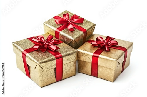 Three Christmas Gift Boxes Wrapped in Gold Paper with Red Ribbons on White Background, Photorealistic High Resolution, Perfect for Holiday Gift Giving and Seasonal Promotions Generative AI