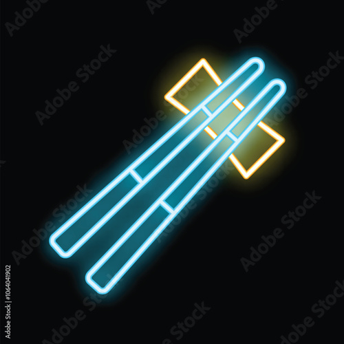 Blue neon chopsticks with wrapper are glowing on black background and are perfect for asian food concepts