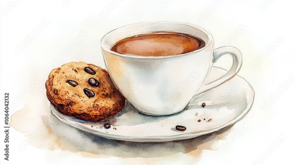 Watercolor Illustration of a Cup of Coffee with Saucer and a Plate of Cookies on a White Background, Perfect for Food Blogging or Cafe Promotion Generative AI Watercolor Illustration of a Cup of Coffee with Saucer and a Plate of Cookies on a White Background, Perfect for Food Blogging or Cafe Promotion Generative AI