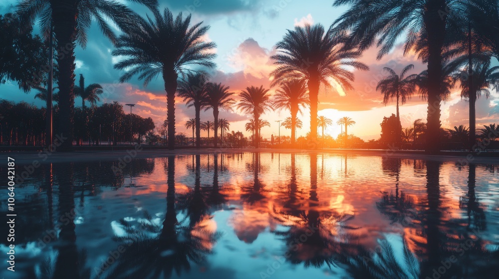 Watercolor Palm Trees in a Park with Reflecting Puddles at Sunset Generative AI