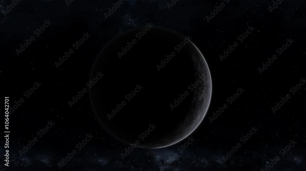 Approaching an Mercury planet in outer space. Outer space with a dark Mercury planet. Milky way. Flying in outer space background with stars.