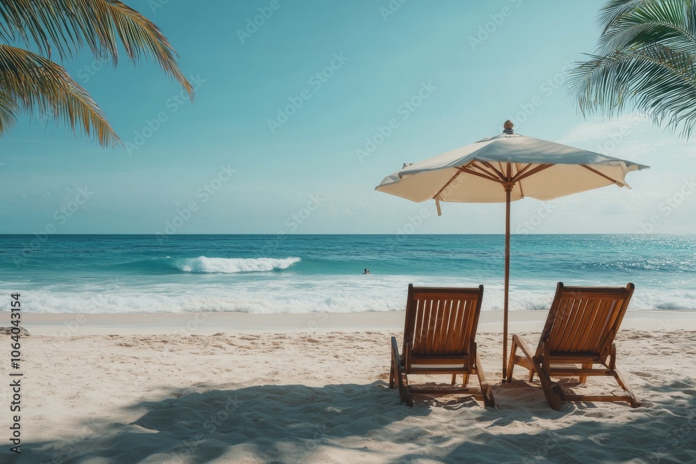 Obraz premium Relaxing beach chairs under an umbrella near calm ocean waves on a sunny day