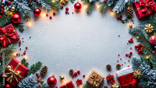 Christmas snowy background with festive decoration, baubles, pine cones and needles, presents, snowflakes, stars, berries and leaves. Copy space photo