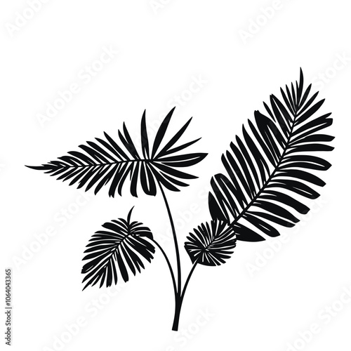 a black and white illustration of three palm leaves.