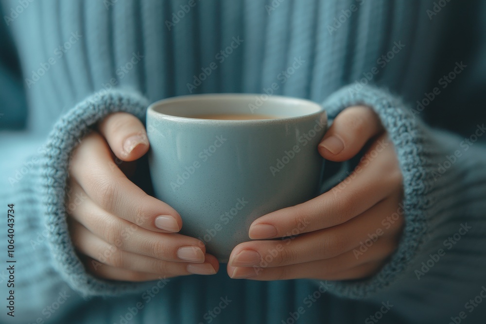Close up of person in a cozy blue sweater holding a warm cup, evoking comfort, warmth, and relaxation. Close up of person in a cozy blue sweater holding a warm cup, evoking comfort, warmth, and relaxation.