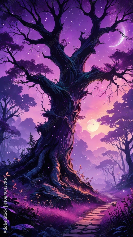 Fantasy Night Forest Path with a Vibrant Sky, fantasy phone wallpaper Fantasy Night Forest Path with a Vibrant Sky, fantasy phone wallpaper