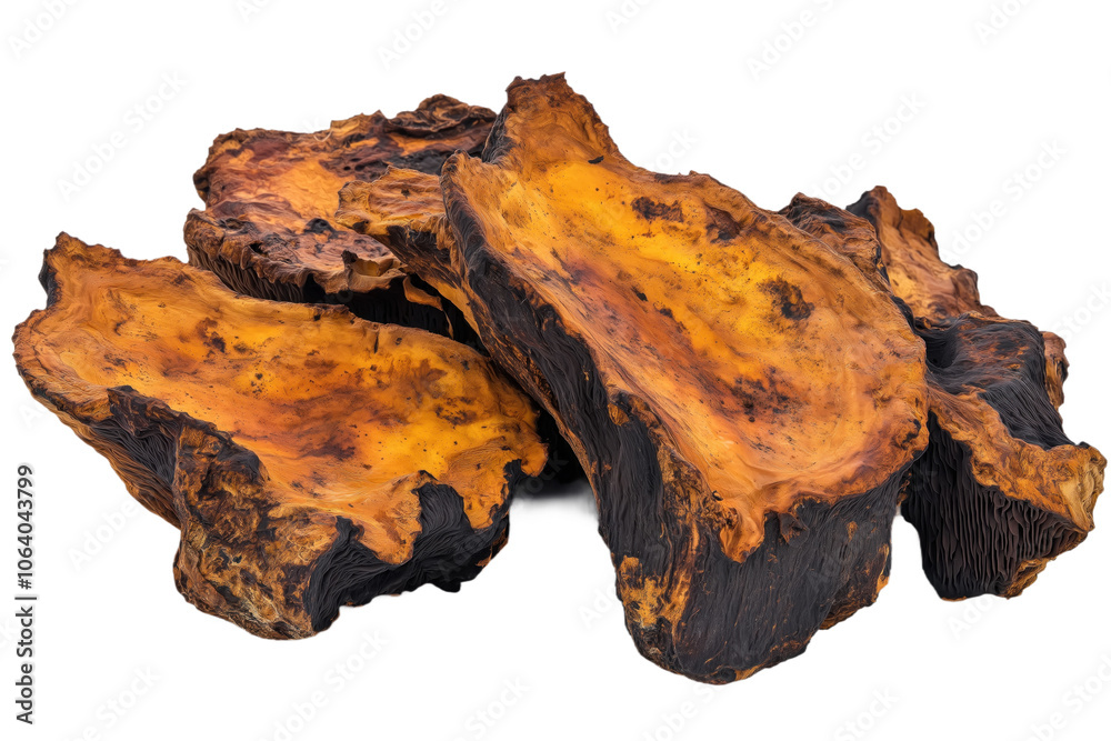 Fototapeta premium Dark tree trunks with unique textures, colors in square formation. Four tree trunks on transparent background. Natural fungal growth on wood. Chaga mushroom, Inonotus obliquus, isolated on transparent