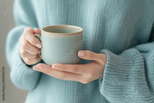 Close up of person in a cozy blue sweater holding a warm cup, evoking comfort, warmth, and relaxation.