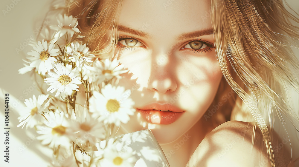 Naklejka premium A woman with blonde hair and green eyes holds a bouquet of daisies..