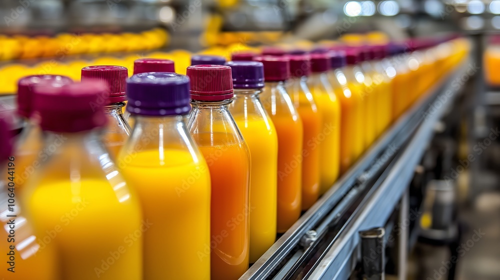 Bottles of juice on a conveyor belt in a factory. Bottles of juice on a conveyor belt in a factory.