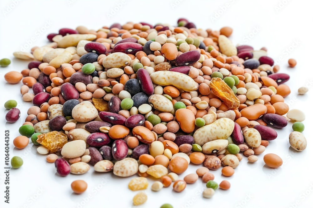 Close-up view of vibrant pile of mixed legumes, cereals. Brown, green, yellow colors. Various shapes, sizes, round, oblong forms. Scattered haphazardly, random pattern. White background contrasts