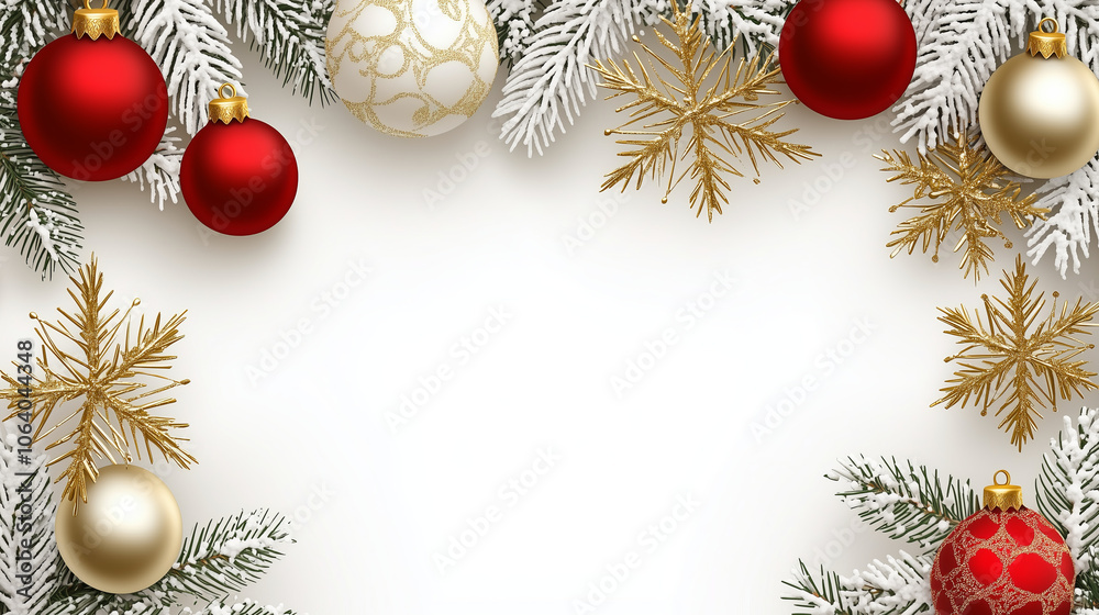 Christmas ornaments and snowy pine branches on white background.. Christmas ornaments and snowy pine branches on white background..