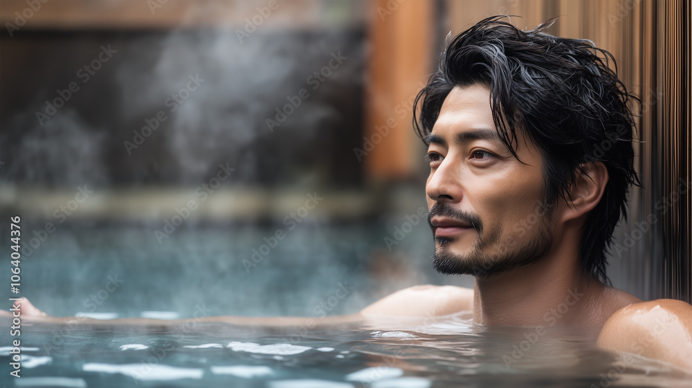 Fototapeta premium 和風の温泉に浸かる男性