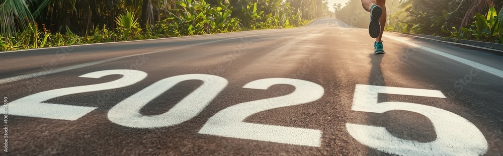 Obraz premium Woman runs towards 2025 on tropical road..