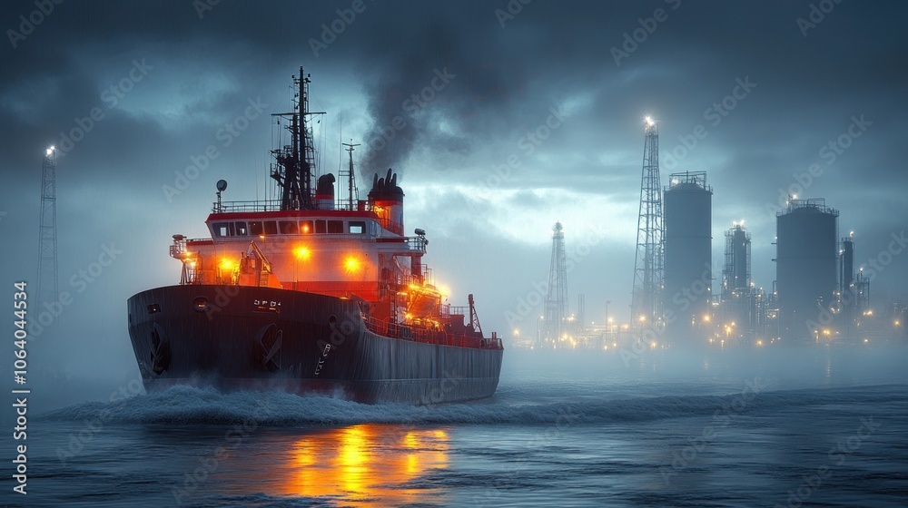A tanker ship sails past a foggy industrial complex at night. A tanker ship sails past a foggy industrial complex at night.