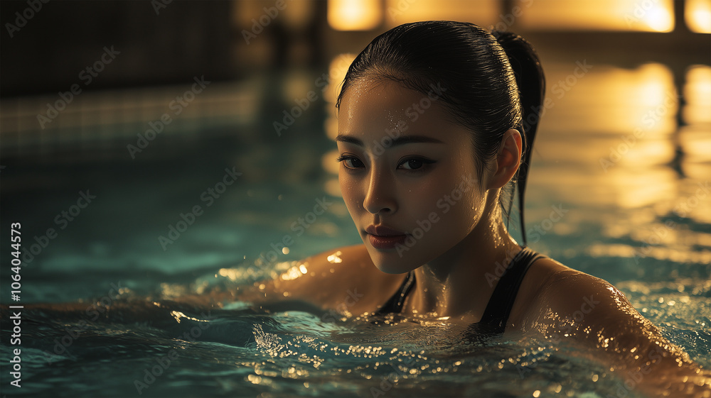 運動に励む女性の水中歩行 運動に励む女性の水中歩行