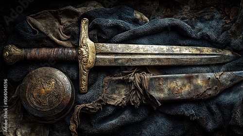 A tarnished medieval sword and scabbard lie on a dark cloth background, with an old round shield.