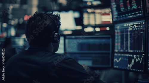 A stock trader sits at his desk in front of multiple monitors displaying stock market data, analyzing the market.