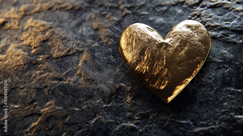 A sleek gold heart icon, set against a textured dark surface, symbolizing love and celebration with a polished finish
