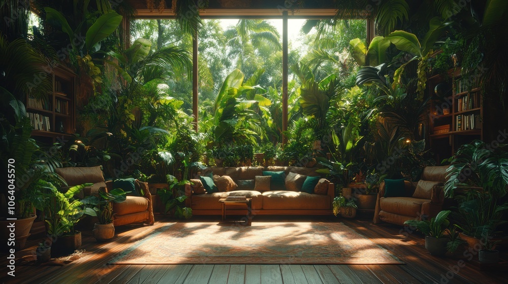 Fototapeta premium A tropical living room with large windows showcasing lush greenery and sunlight.